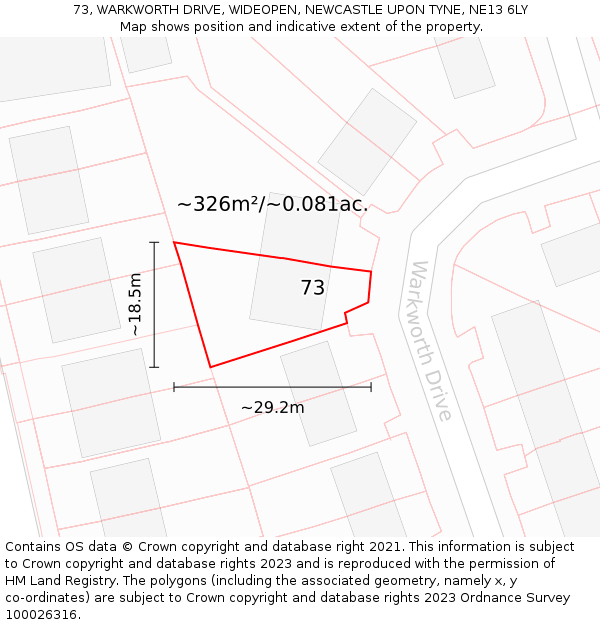 73, WARKWORTH DRIVE, WIDEOPEN, NEWCASTLE UPON TYNE, NE13 6LY: Plot and title map