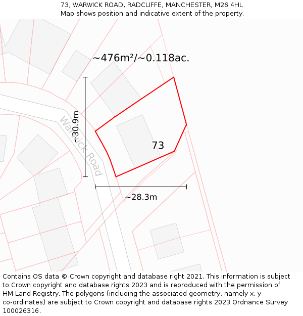 73, WARWICK ROAD, RADCLIFFE, MANCHESTER, M26 4HL: Plot and title map
