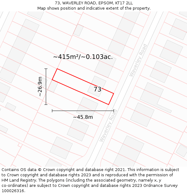 73, WAVERLEY ROAD, EPSOM, KT17 2LL: Plot and title map