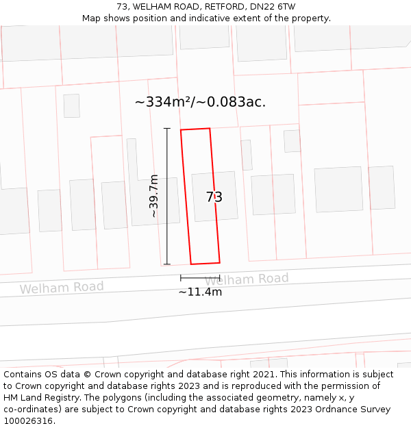 73, WELHAM ROAD, RETFORD, DN22 6TW: Plot and title map