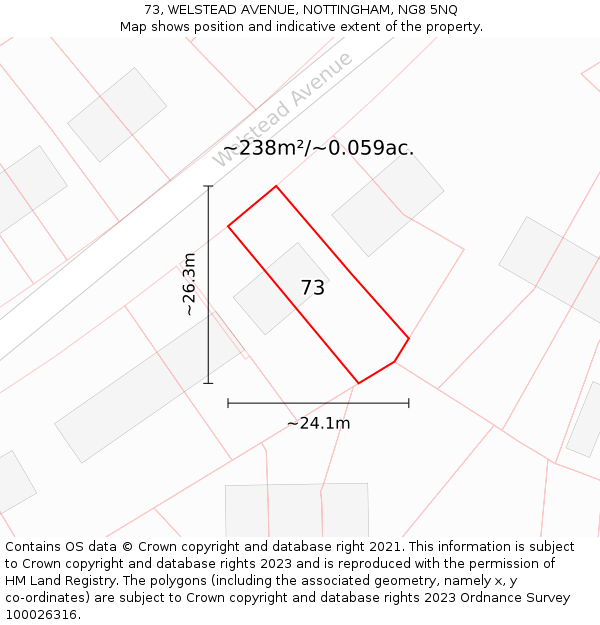 73, WELSTEAD AVENUE, NOTTINGHAM, NG8 5NQ: Plot and title map