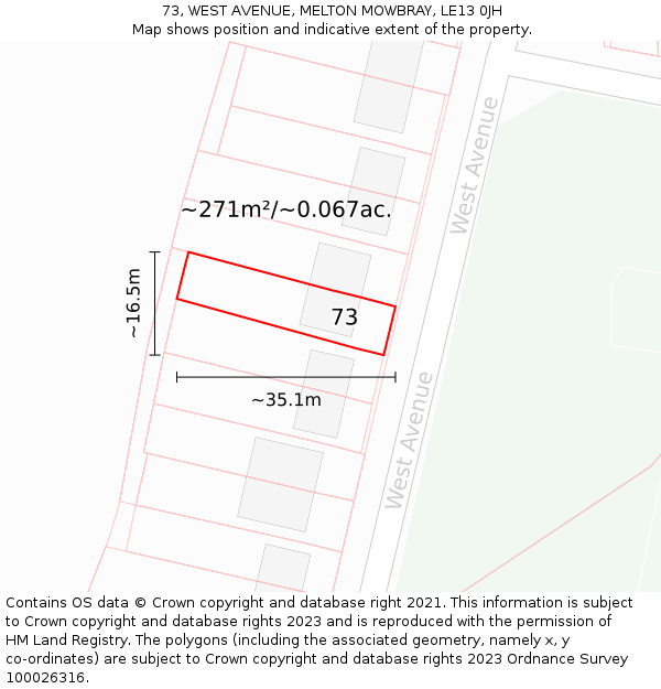 73, WEST AVENUE, MELTON MOWBRAY, LE13 0JH: Plot and title map