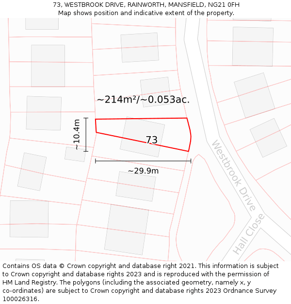 73, WESTBROOK DRIVE, RAINWORTH, MANSFIELD, NG21 0FH: Plot and title map