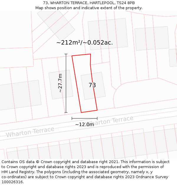 73, WHARTON TERRACE, HARTLEPOOL, TS24 8PB: Plot and title map