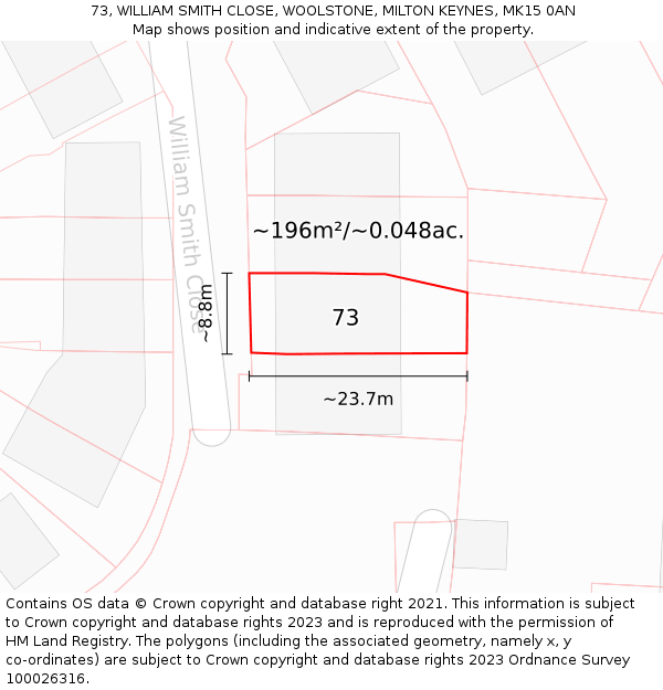 73, WILLIAM SMITH CLOSE, WOOLSTONE, MILTON KEYNES, MK15 0AN: Plot and title map