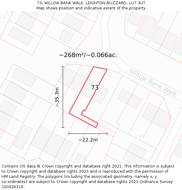 73, WILLOW BANK WALK, LEIGHTON BUZZARD, LU7 3UT: Plot and title map