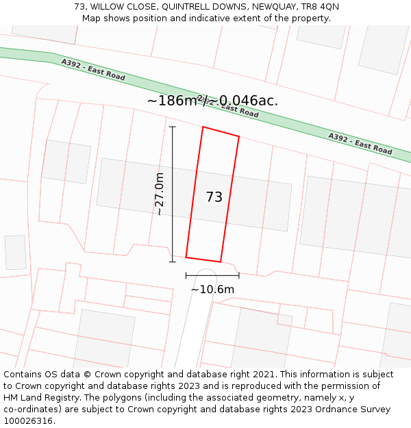 73, WILLOW CLOSE, QUINTRELL DOWNS, NEWQUAY, TR8 4QN: Plot and title map