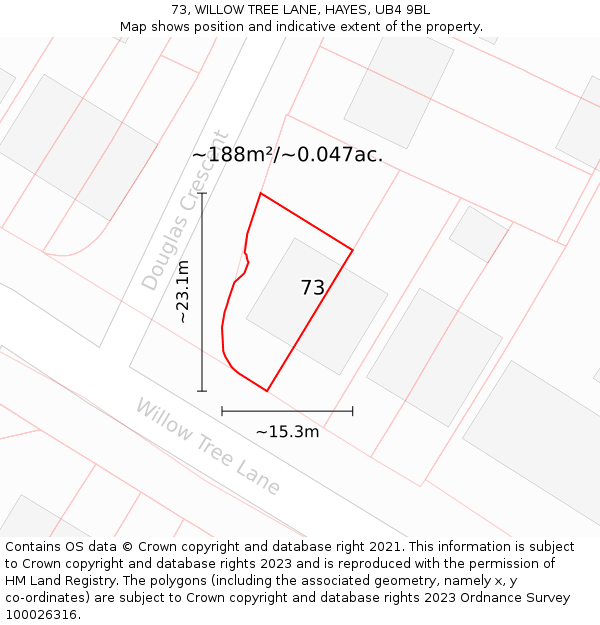 73, WILLOW TREE LANE, HAYES, UB4 9BL: Plot and title map