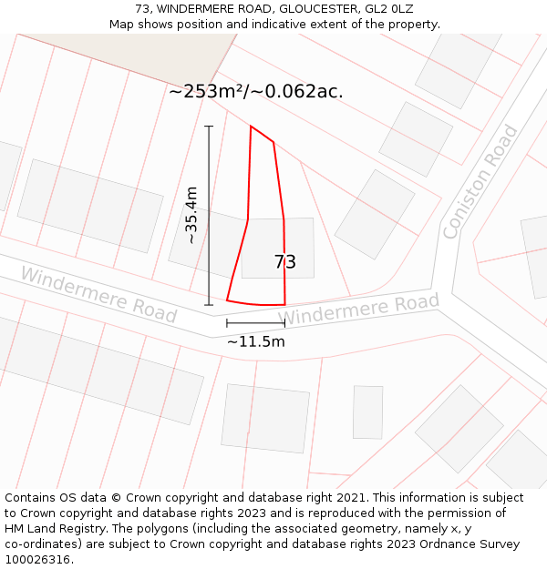 73, WINDERMERE ROAD, GLOUCESTER, GL2 0LZ: Plot and title map