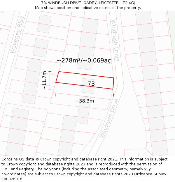 73, WINDRUSH DRIVE, OADBY, LEICESTER, LE2 4GJ: Plot and title map