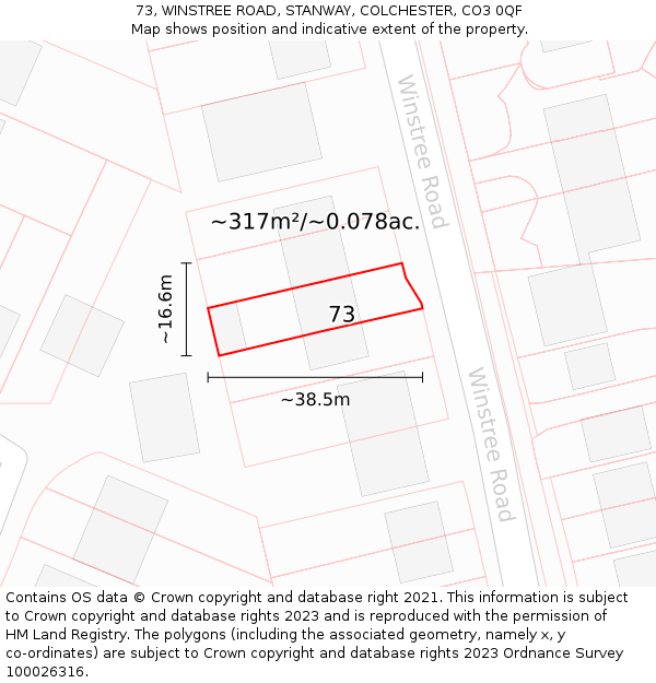 73, WINSTREE ROAD, STANWAY, COLCHESTER, CO3 0QF: Plot and title map