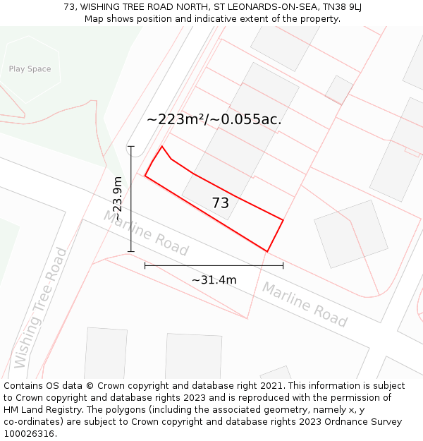 73, WISHING TREE ROAD NORTH, ST LEONARDS-ON-SEA, TN38 9LJ: Plot and title map