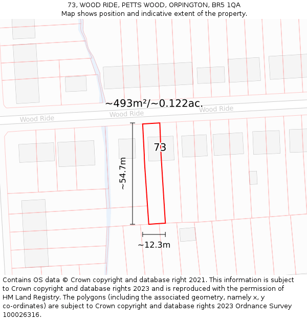 73, WOOD RIDE, PETTS WOOD, ORPINGTON, BR5 1QA: Plot and title map