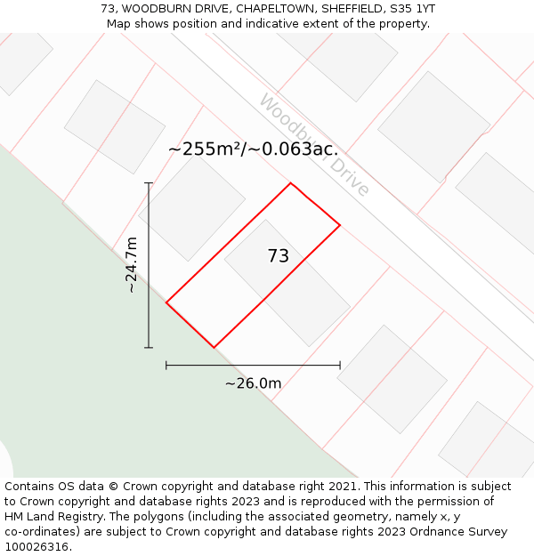 73, WOODBURN DRIVE, CHAPELTOWN, SHEFFIELD, S35 1YT: Plot and title map