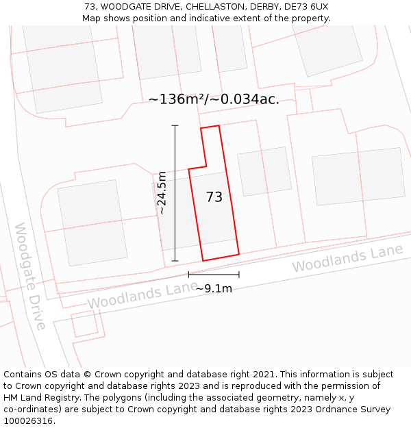 73, WOODGATE DRIVE, CHELLASTON, DERBY, DE73 6UX: Plot and title map