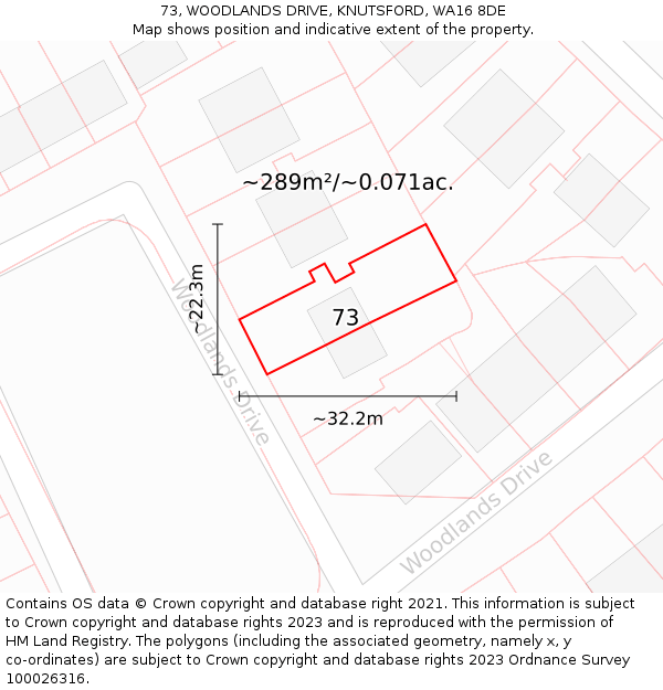 73, WOODLANDS DRIVE, KNUTSFORD, WA16 8DE: Plot and title map