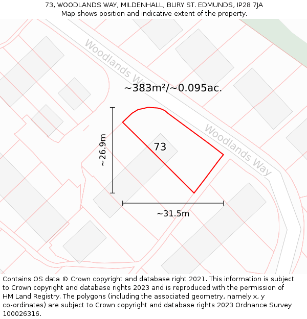 73, WOODLANDS WAY, MILDENHALL, BURY ST. EDMUNDS, IP28 7JA: Plot and title map