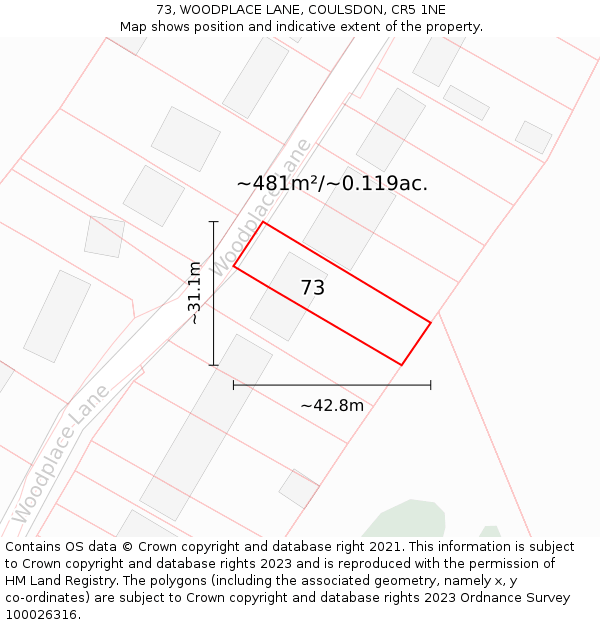 73, WOODPLACE LANE, COULSDON, CR5 1NE: Plot and title map