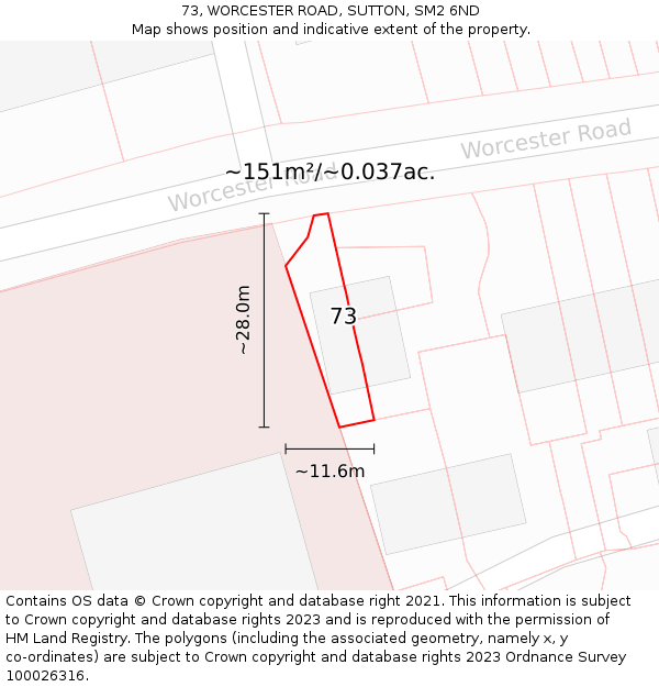 73, WORCESTER ROAD, SUTTON, SM2 6ND: Plot and title map