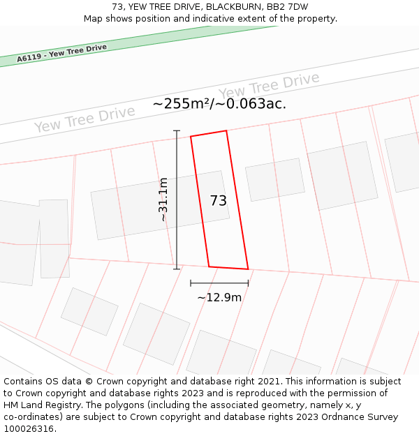 73, YEW TREE DRIVE, BLACKBURN, BB2 7DW: Plot and title map