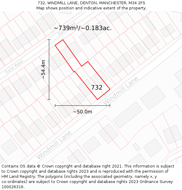 732, WINDMILL LANE, DENTON, MANCHESTER, M34 2FS: Plot and title map
