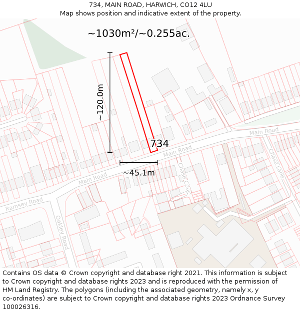 734, MAIN ROAD, HARWICH, CO12 4LU: Plot and title map