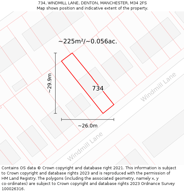 734, WINDMILL LANE, DENTON, MANCHESTER, M34 2FS: Plot and title map