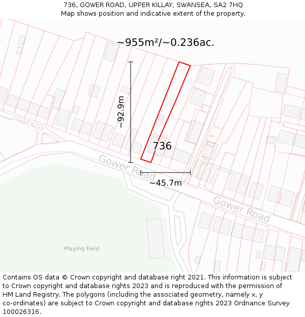 736, GOWER ROAD, UPPER KILLAY, SWANSEA, SA2 7HQ: Plot and title map