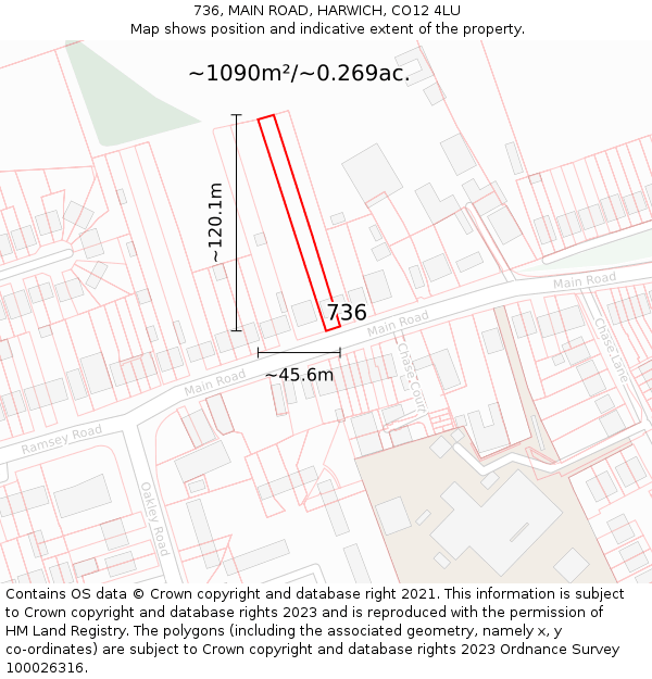 736, MAIN ROAD, HARWICH, CO12 4LU: Plot and title map