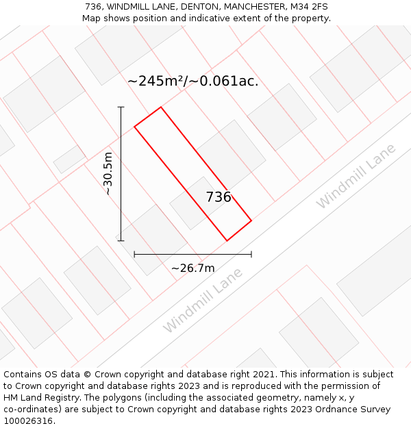 736, WINDMILL LANE, DENTON, MANCHESTER, M34 2FS: Plot and title map