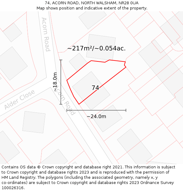 74, ACORN ROAD, NORTH WALSHAM, NR28 0UA: Plot and title map
