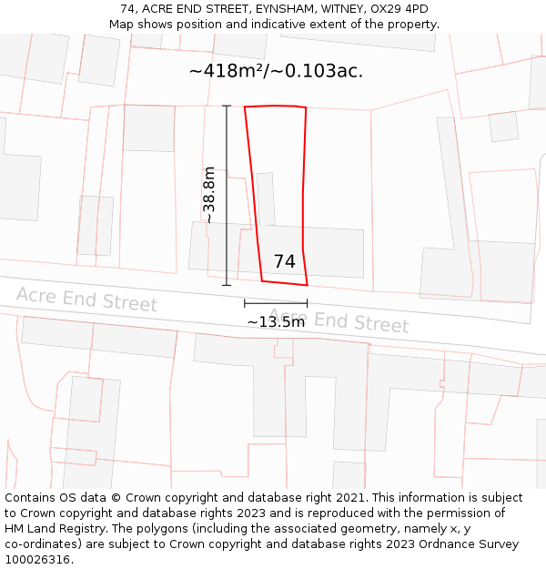 74, ACRE END STREET, EYNSHAM, WITNEY, OX29 4PD: Plot and title map