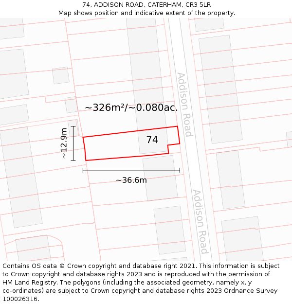 74, ADDISON ROAD, CATERHAM, CR3 5LR: Plot and title map