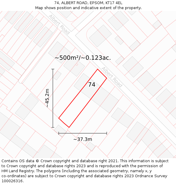 74, ALBERT ROAD, EPSOM, KT17 4EL: Plot and title map