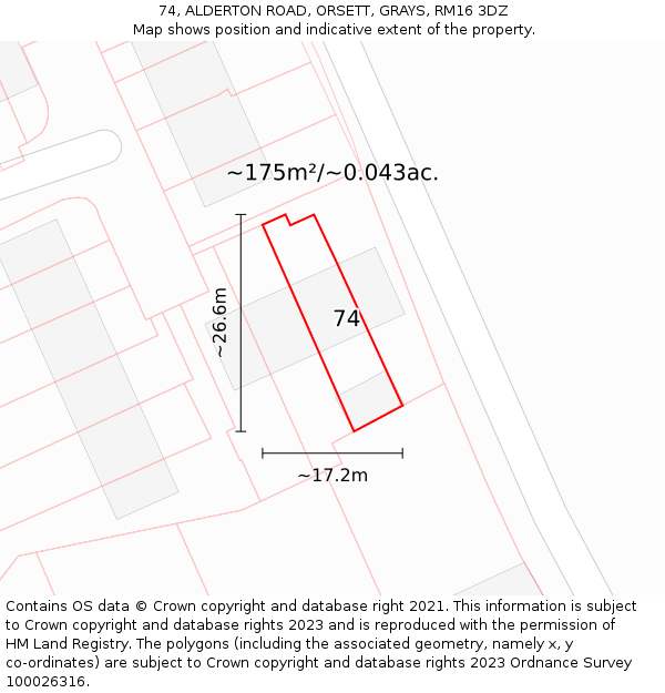 74, ALDERTON ROAD, ORSETT, GRAYS, RM16 3DZ: Plot and title map