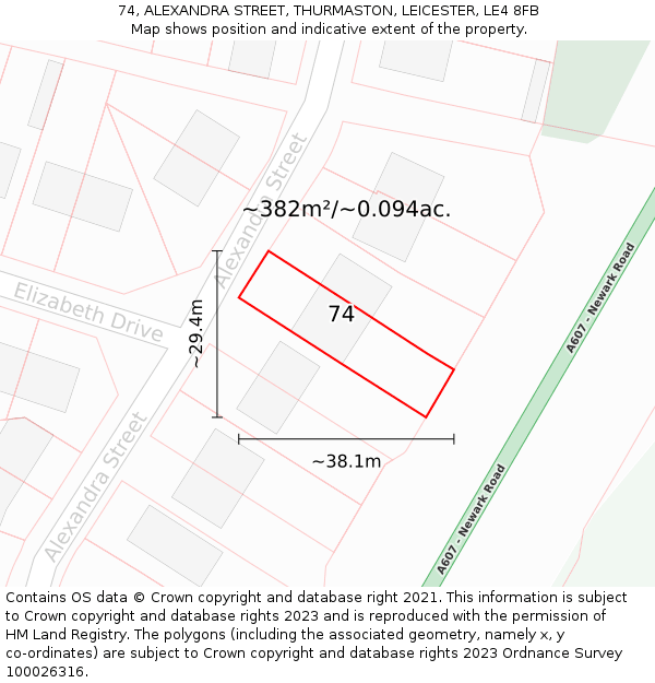74, ALEXANDRA STREET, THURMASTON, LEICESTER, LE4 8FB: Plot and title map