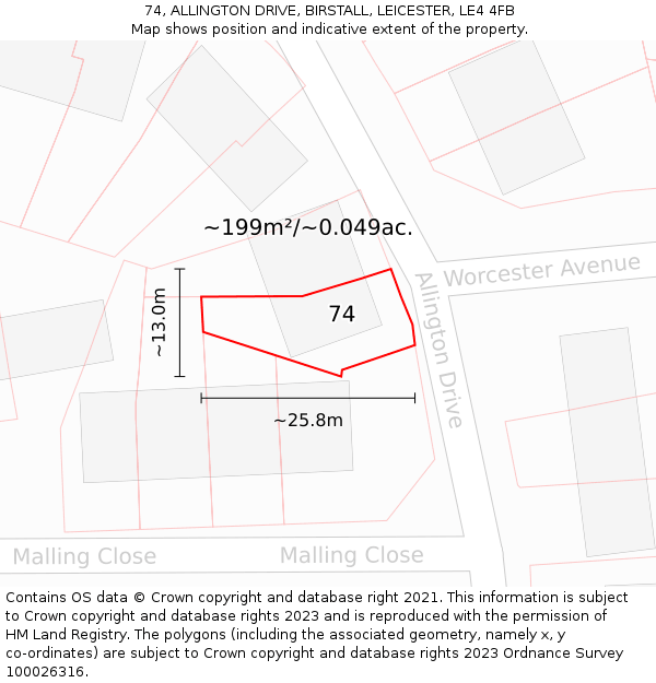 74, ALLINGTON DRIVE, BIRSTALL, LEICESTER, LE4 4FB: Plot and title map