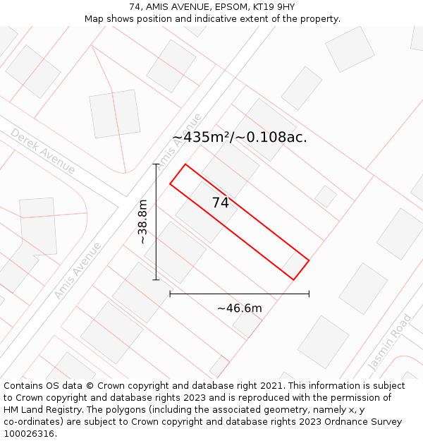 74, AMIS AVENUE, EPSOM, KT19 9HY: Plot and title map