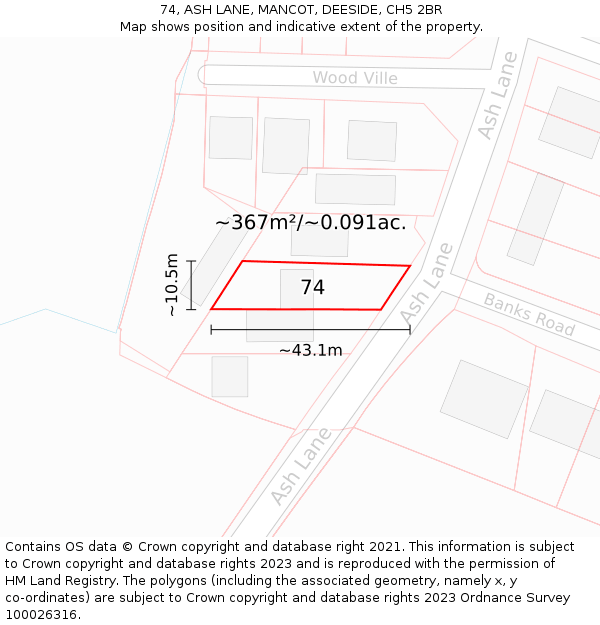 74, ASH LANE, MANCOT, DEESIDE, CH5 2BR: Plot and title map