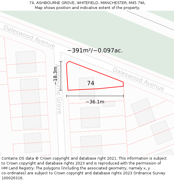 74, ASHBOURNE GROVE, WHITEFIELD, MANCHESTER, M45 7WL: Plot and title map