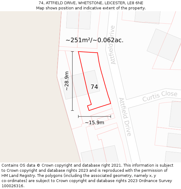 74, ATTFIELD DRIVE, WHETSTONE, LEICESTER, LE8 6NE: Plot and title map