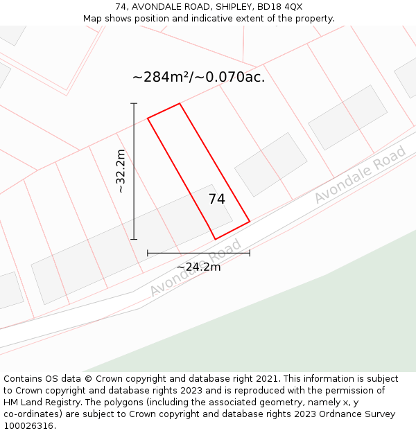 74, AVONDALE ROAD, SHIPLEY, BD18 4QX: Plot and title map