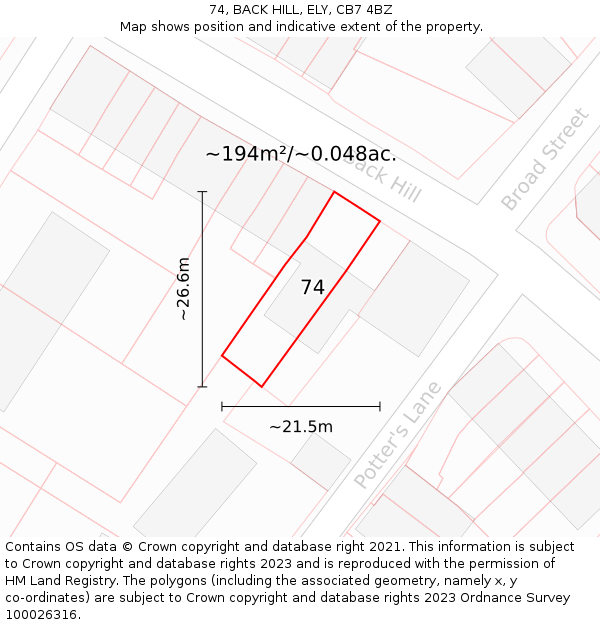 74, BACK HILL, ELY, CB7 4BZ: Plot and title map
