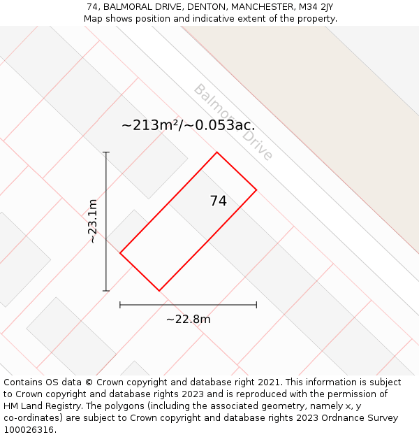 74, BALMORAL DRIVE, DENTON, MANCHESTER, M34 2JY: Plot and title map