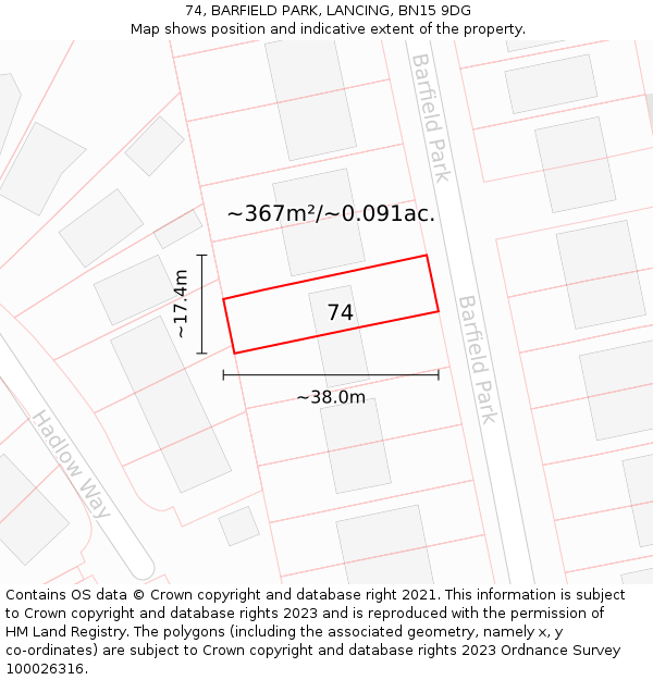 74, BARFIELD PARK, LANCING, BN15 9DG: Plot and title map
