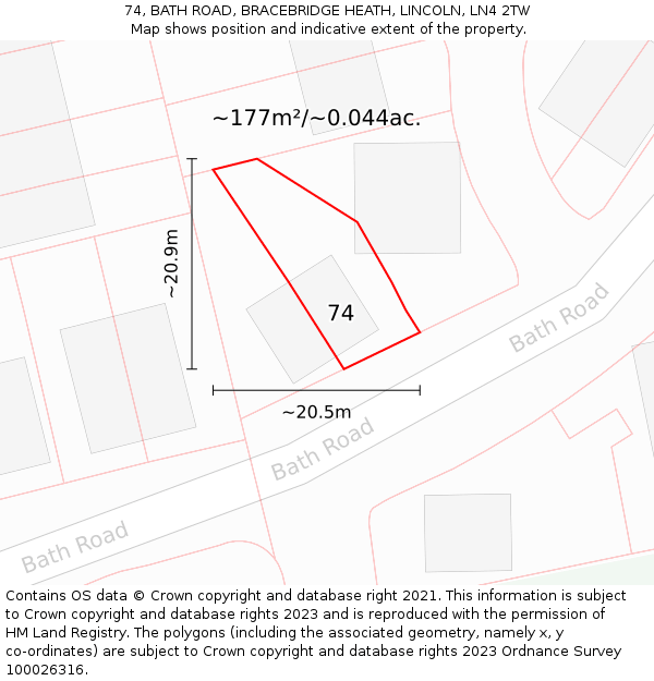 74, BATH ROAD, BRACEBRIDGE HEATH, LINCOLN, LN4 2TW: Plot and title map