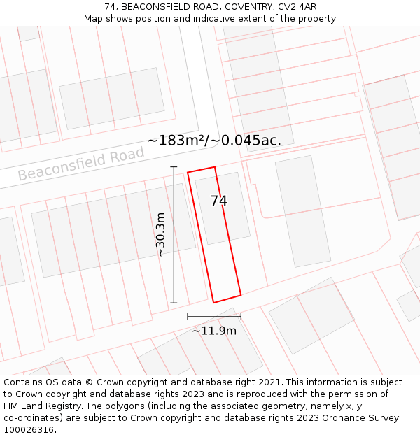 74, BEACONSFIELD ROAD, COVENTRY, CV2 4AR: Plot and title map