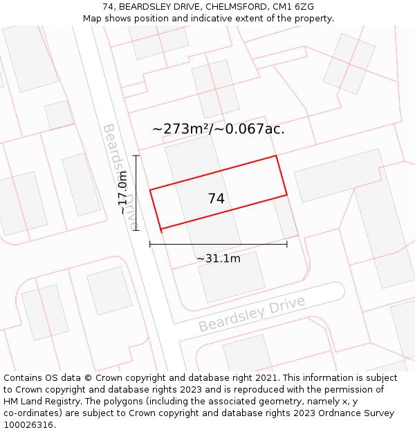 74, BEARDSLEY DRIVE, CHELMSFORD, CM1 6ZG: Plot and title map