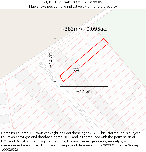 74, BEELEY ROAD, GRIMSBY, DN32 8NJ: Plot and title map
