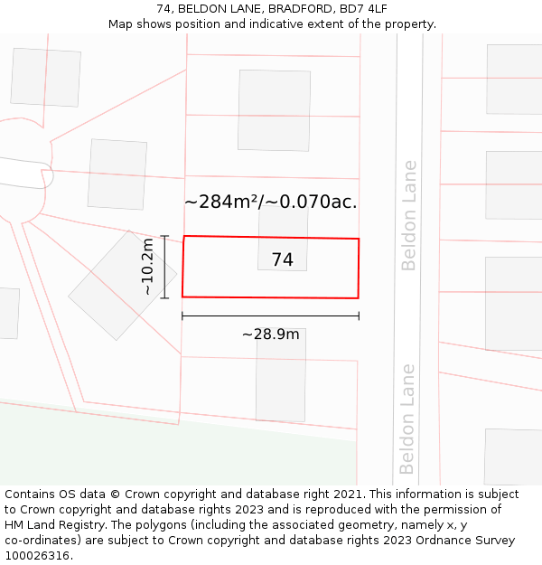 74, BELDON LANE, BRADFORD, BD7 4LF: Plot and title map